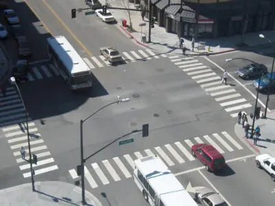 aerial view of a busy four-way intersection
