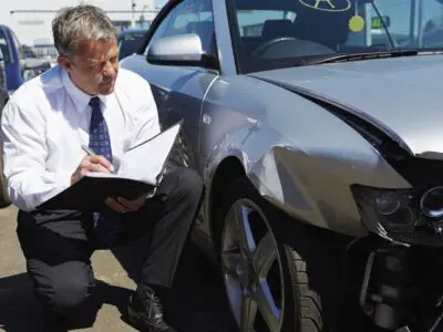 insurance adjustor looking at car crash damage