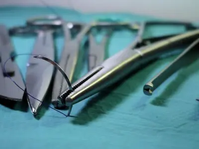 surgical tools sitting on a medical tray