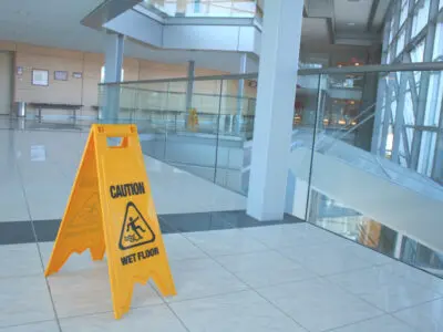 yellow slip & fall sign at a shopping mall
