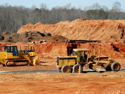 Construction machinery at a site with mounds of dirt in the background.