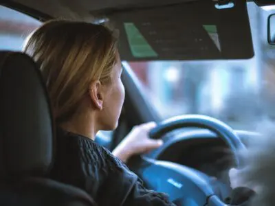 A young girl driving a car.