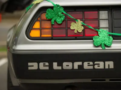 DeLorean car decorated with shamrocks for the St. Patrick's Day