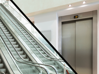 Escalator and Elevator in the focus of the camera in a commercial building.