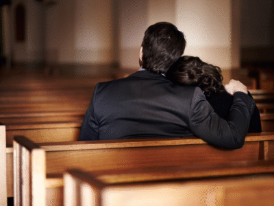 A couple dressed in black holding one another in a church pew.