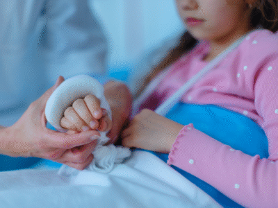 A young girl in a hospital setting getting a cast on her arm.