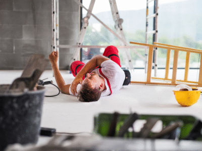 A construction worker on a construction site on the floor in pain.