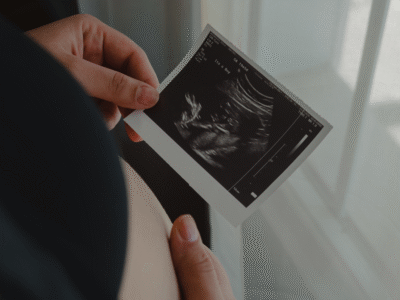 A Pregnant mother holding a sonogram photo.