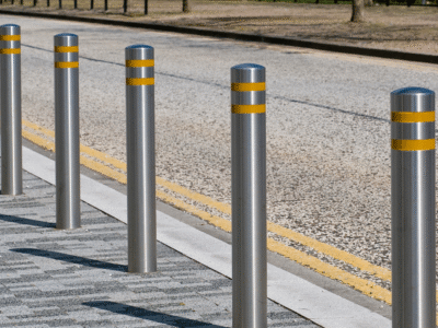 A road with metal silver bollards lining a walkway.