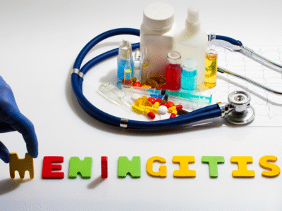 A writing of the word Meningitis and some medical gear.
