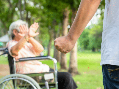 An older person in a wheel chair shielding their face with their hands in self defense.