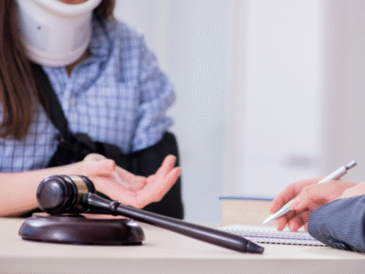 A woman injured in a neck brace talking to a lawyer.
