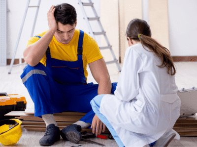 Injured construction worker receiving medical help