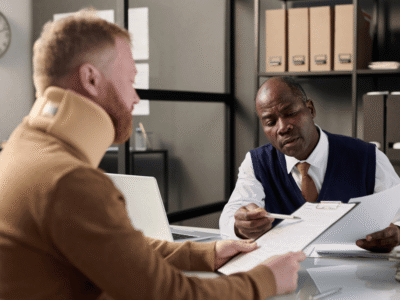 Injured man with neck brace reviewing paperwork with attorney