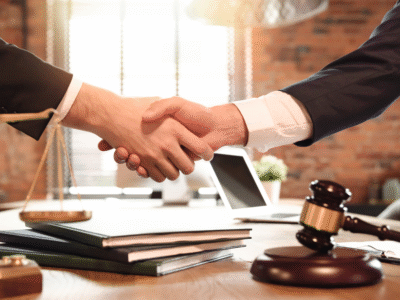 A handshake between two business men in suits.