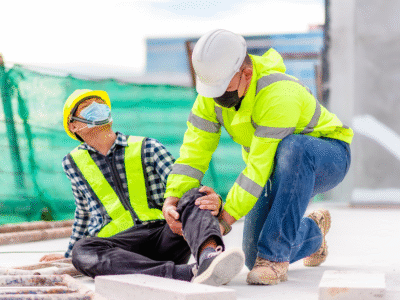 Construction worker on the ground in pain with another construction worker lending his aid.