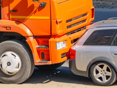 A rear end accident between a large orange truck and a sedan.