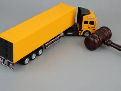 Wooden judge gavel and yellow cargo truck on grey background.