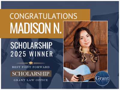 Graphic congratulating the 2025 Grant Law Office Scholarship Winner with Firm logo and winner with a picture of a woman playing a blue guitar and firm logo