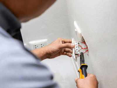 Electrician holding electric outlet plug for repair or maintenance and fixing in office room
