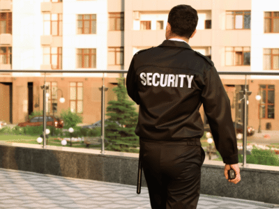 Security guard patrolling residential property during daytime