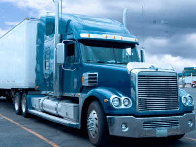 A blue semi-truck with a white trailer parked under a cloudy sky, representing updates to FMCSA trucking regulations in 2025 and their impact on Georgia truck accident claims.