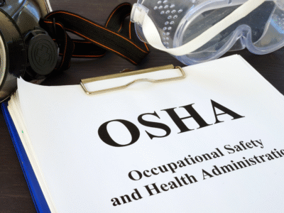 A close-up of a document labeled “OSHA Occupational Safety and Health Administration” on a clipboard, next to protective gear including safety goggles and a respirator mask. The image represents workplace safety regulations in Georgia construction, highlighting OSHA’s role in enforcing compliance and preventing job site accidents.