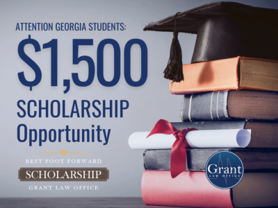 Graphic promoting a $1,500 scholarship opportunity for Georgia students from Grant Law Office, featuring stacked books, a graduation cap, and a diploma tied with a red ribbon.