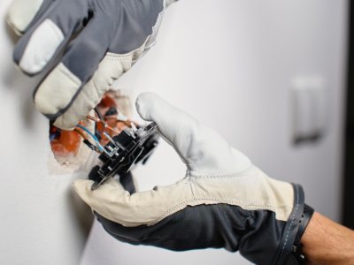 A close-up of gloved hands working with exposed electrical wiring inside a wall outlet, with visible conductors and tools in use. The image highlights the risks associated with electrical work, particularly in construction and maintenance settings, where improper handling, lack of safety precautions, or faulty equipment can lead to serious workplace electrocution injuries.