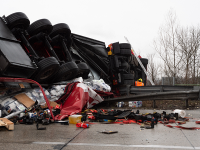 An overturned semi truck has spilled cargo across a roadway with debris scattered around the scene, illustrating how poor inspection procedures and unsecured loads can lead to dangerous truck cargo spill accidents and establish negligence in Atlanta trucking cases.