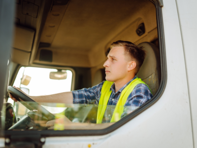 A semi truck driver wearing a safety vest operates a commercial vehicle, illustrating how driver errors like speeding, overcorrecting, distracted driving, and improper braking can lead to semi truck rollover accidents and establish liability in Atlanta trucking cases