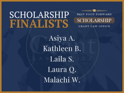 An announcement graphic on a dark blue background with a gold border names the finalists for the Grant Law Office Best Foot Forward Scholarship. Large white and gold text on the left reads 