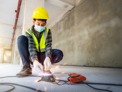 A construction worker wearing safety gear kneels on a job site while handling exposed electrical wiring, illustrating the serious risks of workplace electrocution and the potential for injury on unsafe worksites.