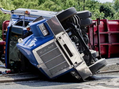 Overturned semi-truck after a serious crash, illustrating a fatal truck accident, wrongful death claims, and potential liability in commercial trucking litigation.